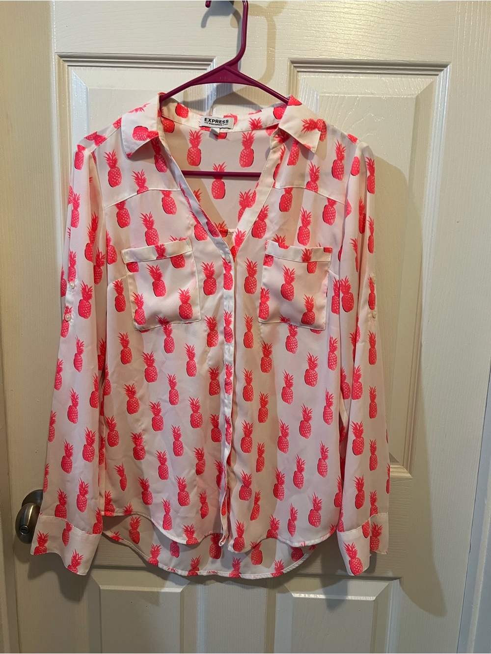 Express womens White Blouse with Pink Pineapple Print